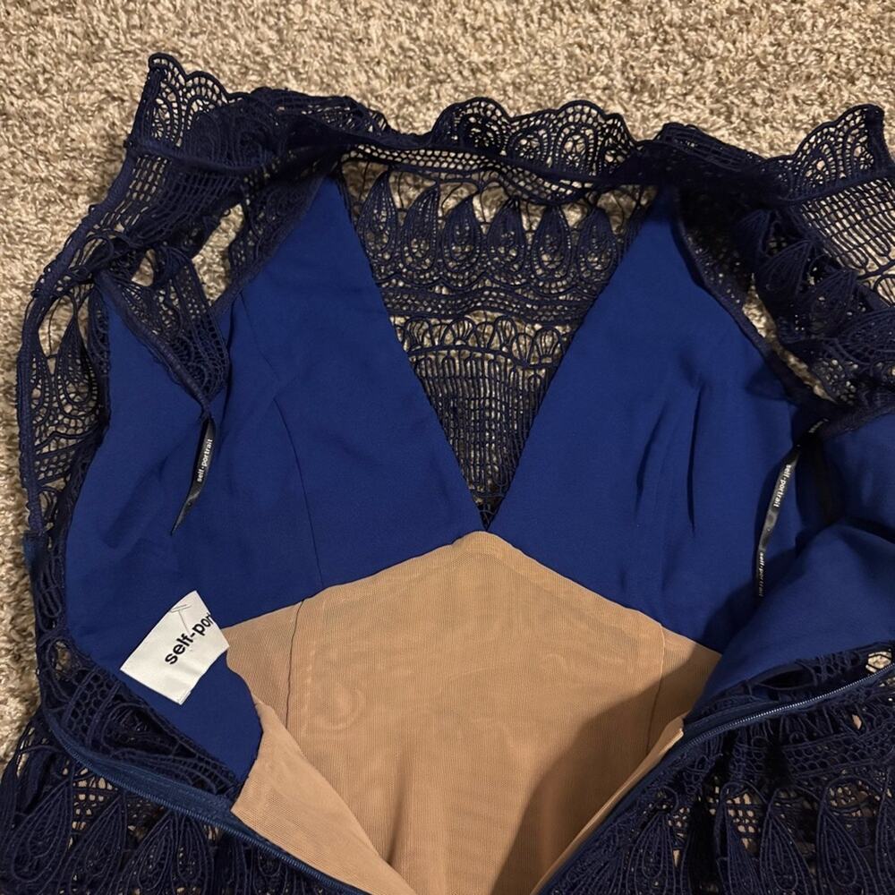 Self Portrait Teardrop Paneled Guipure Lace Mini Dress Holiday Blue Size 4 - Picture 8 of 11